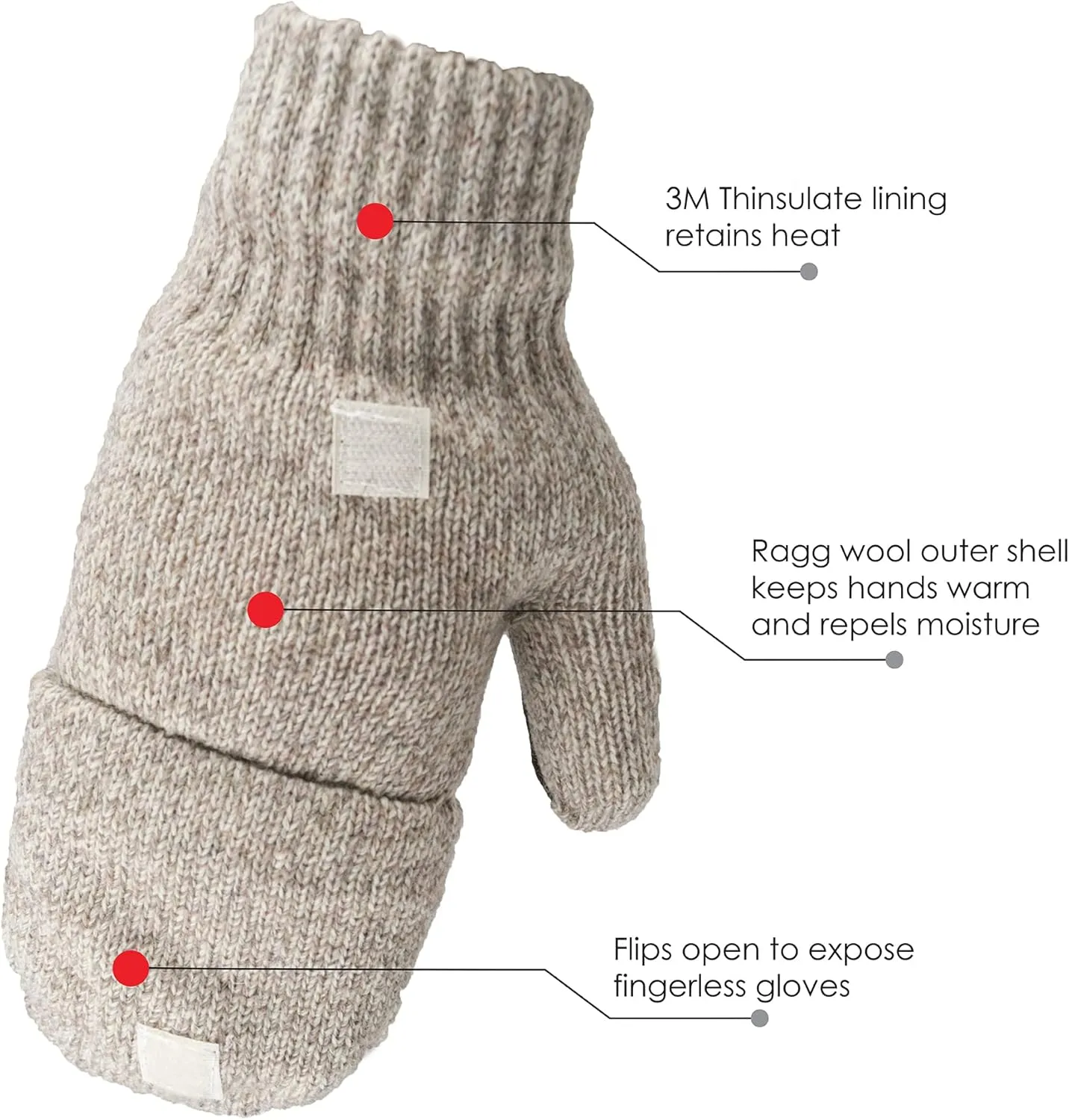 360 Rag Wool Glomitt Flip Mitten 3M Thinsulate Lined Tan
