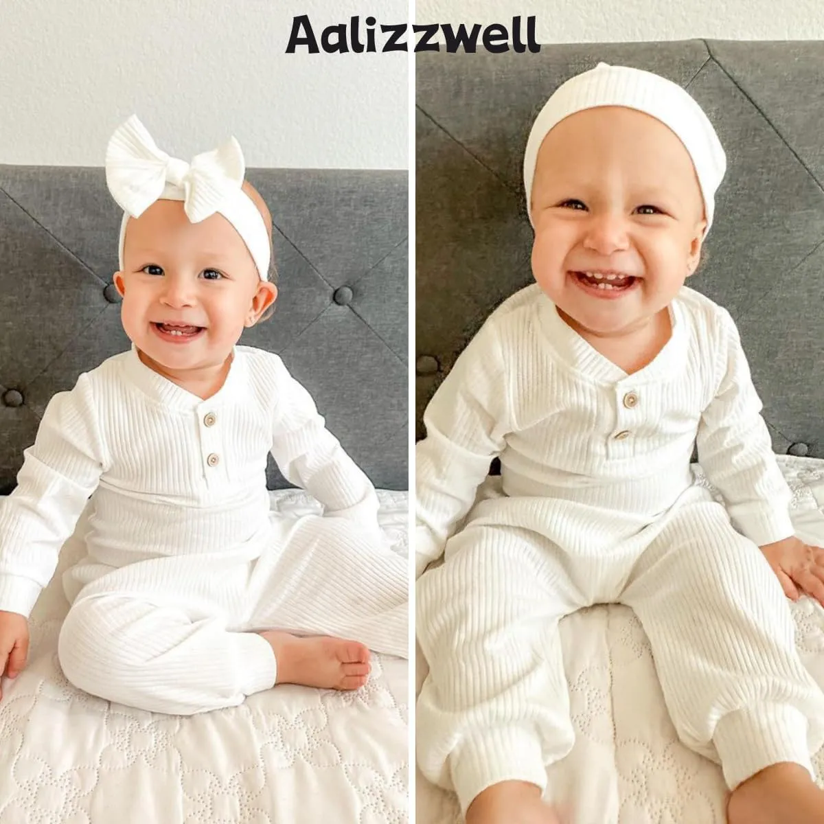 Aalizzwell Gender Neutral Long Sleeve Baby Ribbed Outfit with Hat & Headband