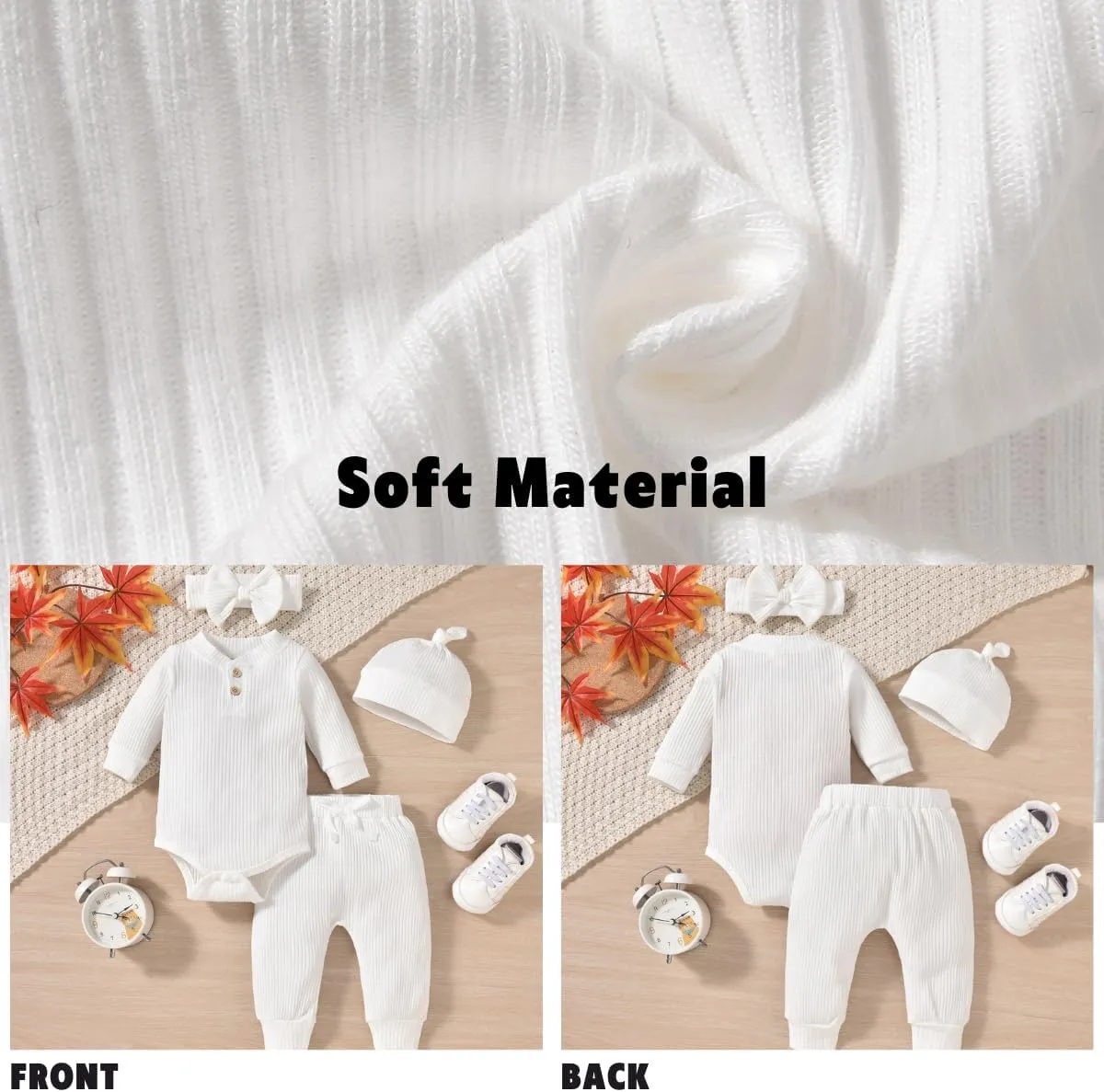 Aalizzwell Gender Neutral Long Sleeve Baby Ribbed Outfit with Hat & Headband