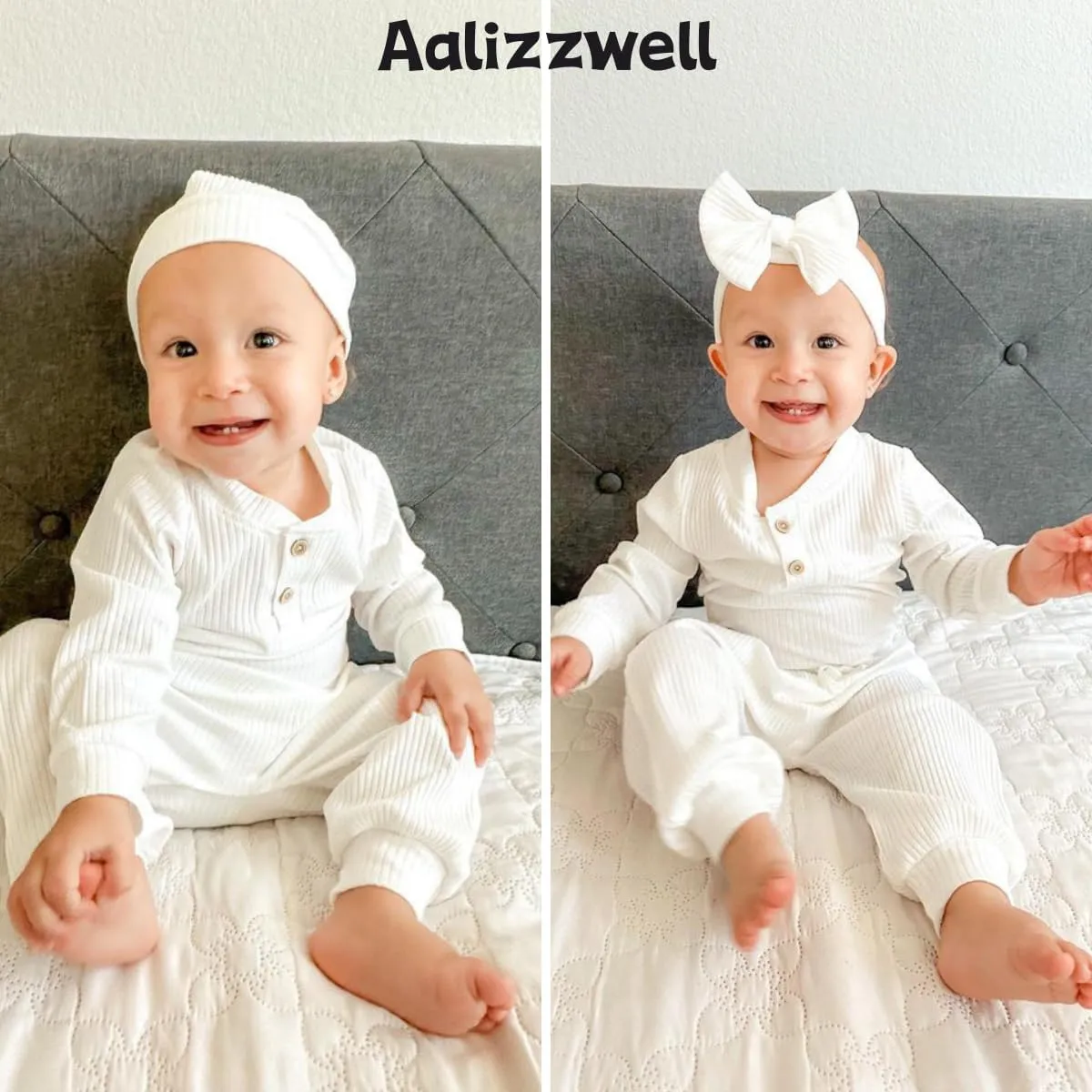 Aalizzwell Gender Neutral Long Sleeve Baby Ribbed Outfit with Hat & Headband