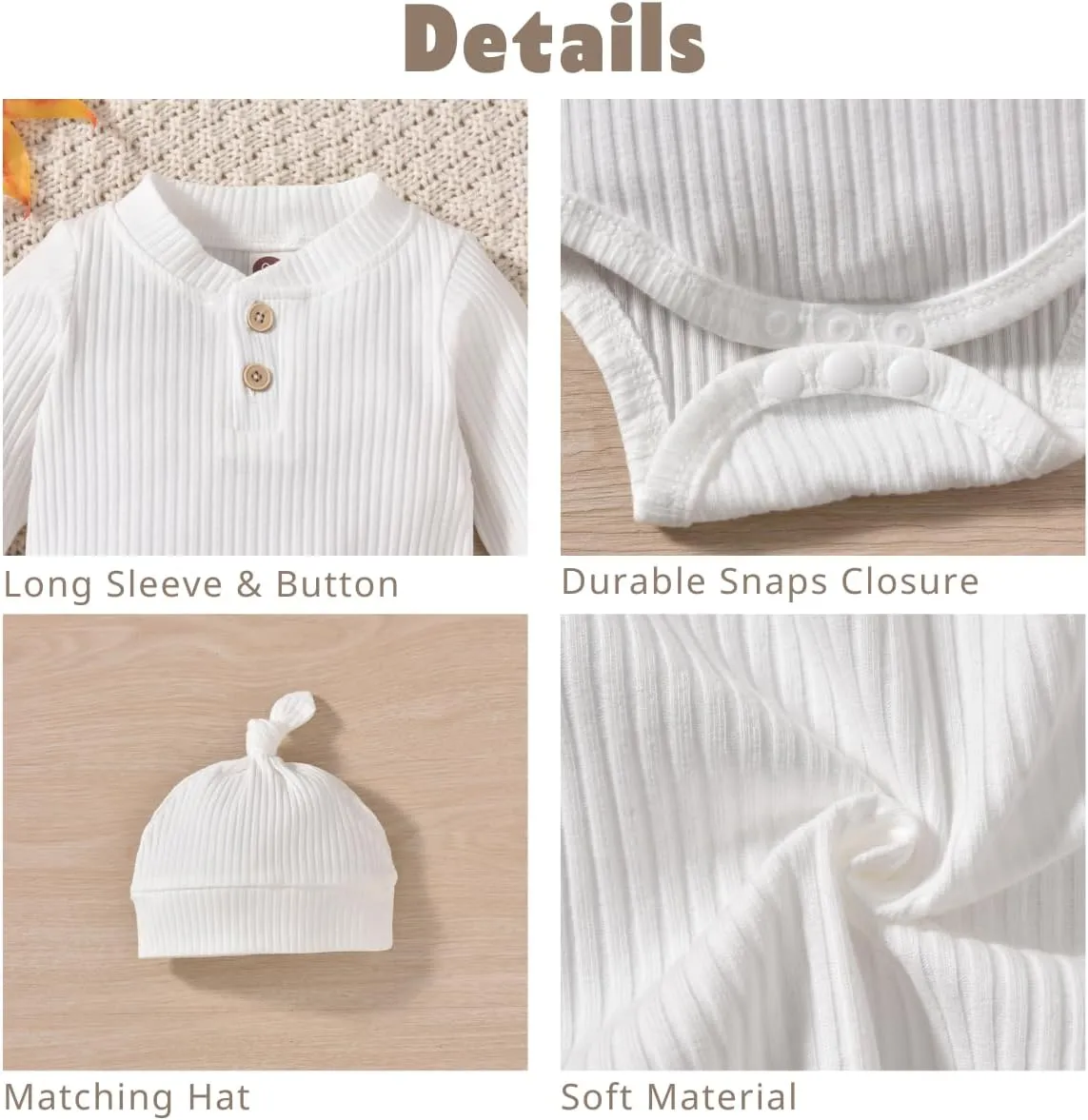 Aalizzwell Gender Neutral Long Sleeve Baby Ribbed Outfit with Hat & Headband