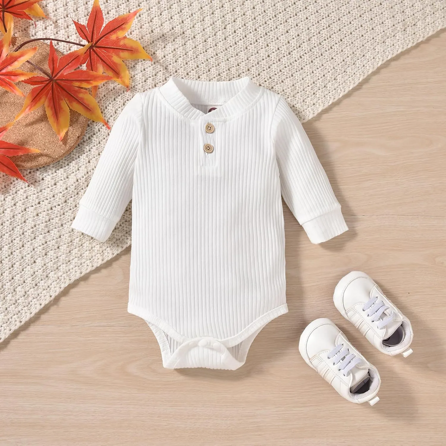 Aalizzwell Gender Neutral Long Sleeve Baby Ribbed Outfit with Hat & Headband