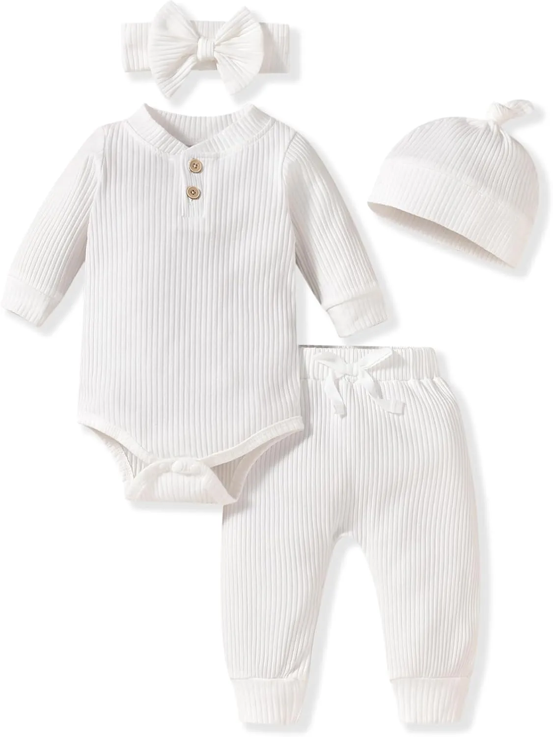 Aalizzwell Gender Neutral Long Sleeve Baby Ribbed Outfit with Hat & Headband