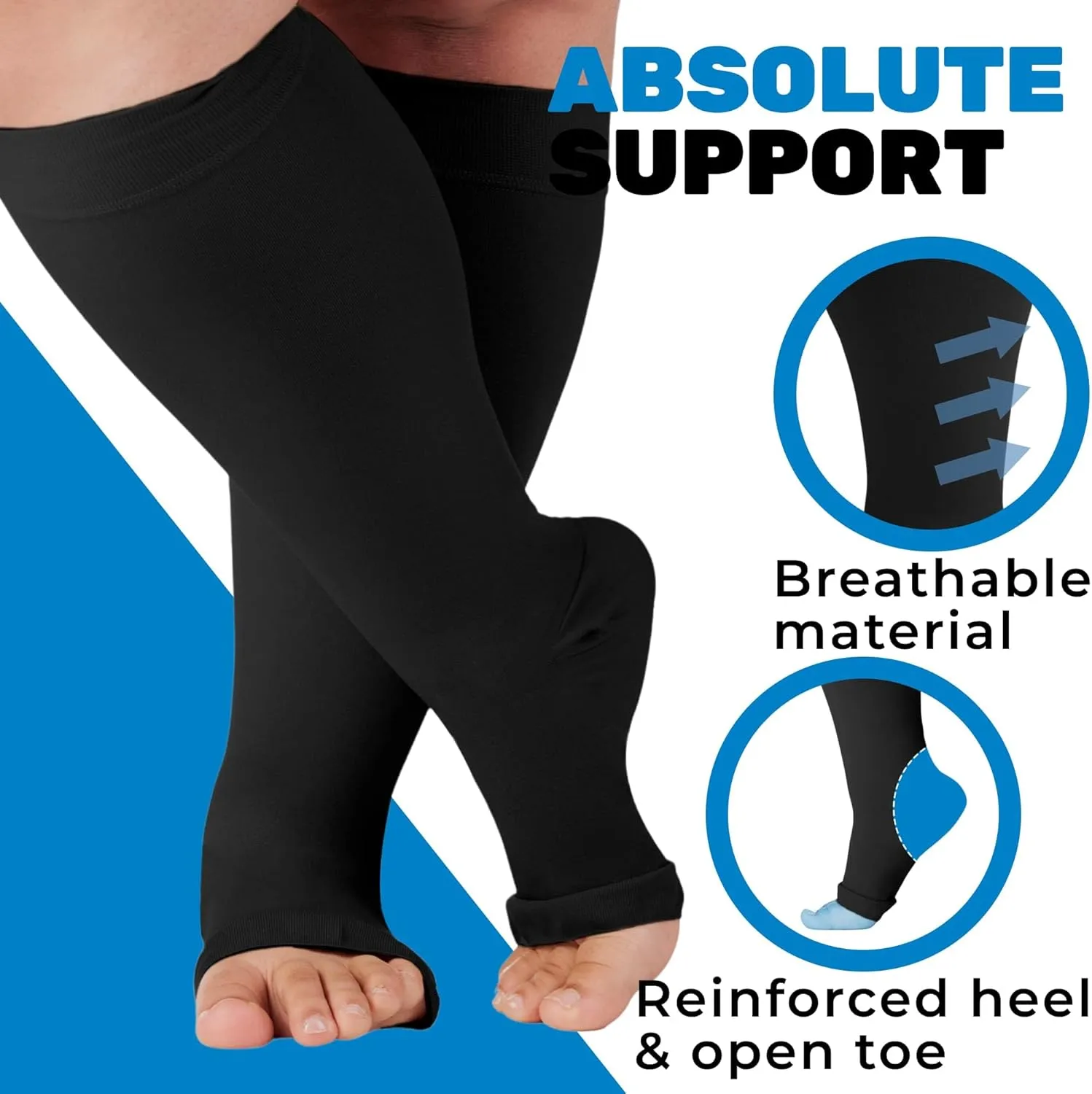ABSOLUTE SUPPORT (3 Pairs) Plus Size Compression Support Socks for Women and Men 20-30mmHg | For Circulation Travel, Flying, Sports, Athletic - Open Toe - Black, 2X-Large - A511BL5-3