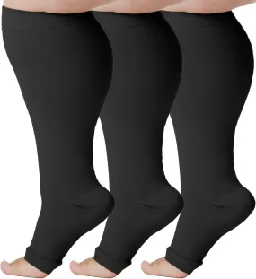 ABSOLUTE SUPPORT (3 Pairs) Plus Size Compression Support Socks for Women and Men 20-30mmHg | For Circulation Travel, Flying, Sports, Athletic - Open Toe - Black, 2X-Large - A511BL5-3