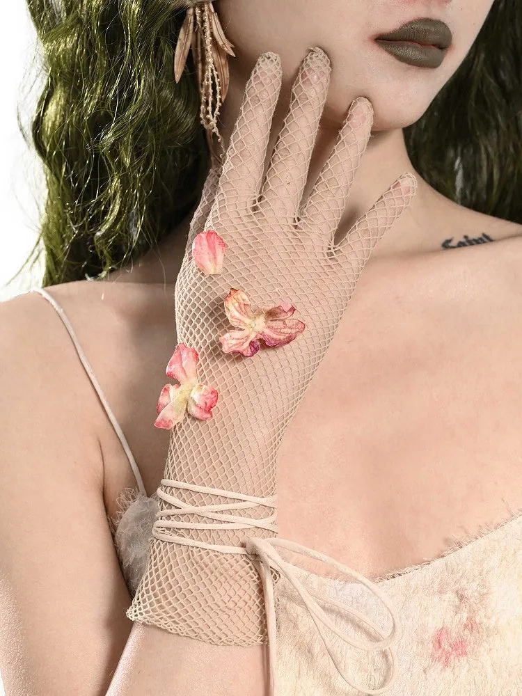 Apricot Floral Fairy Mesh Gloves