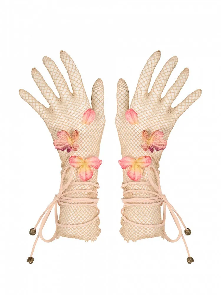 Apricot Floral Fairy Mesh Gloves