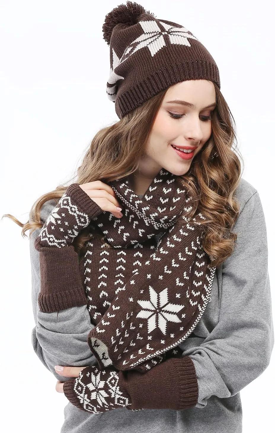 Bienvenu Women Lady Winter Warm Knitted Snowflake Hat Gloves and Scarf Winter Set