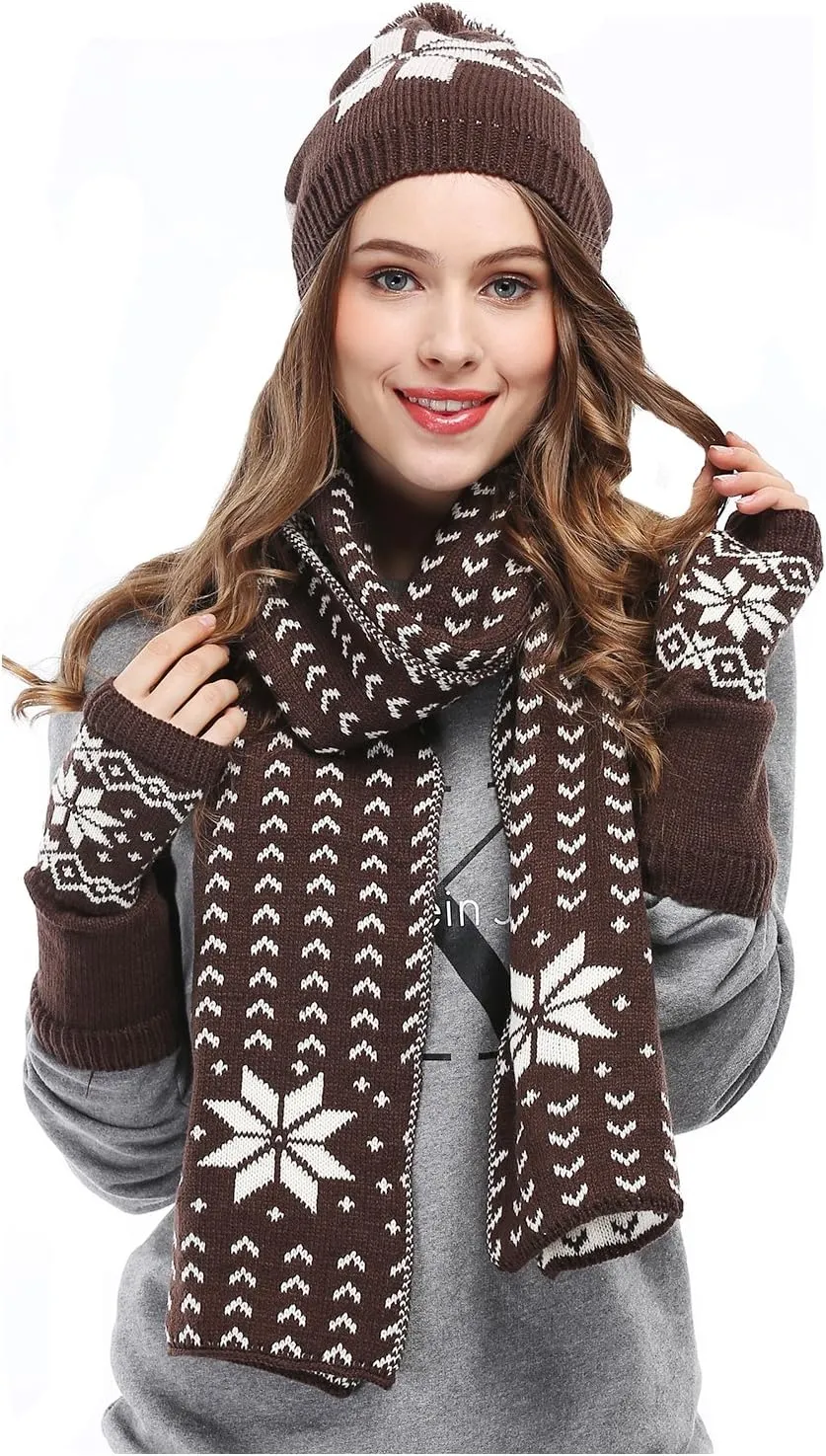 Bienvenu Women Lady Winter Warm Knitted Snowflake Hat Gloves and Scarf Winter Set