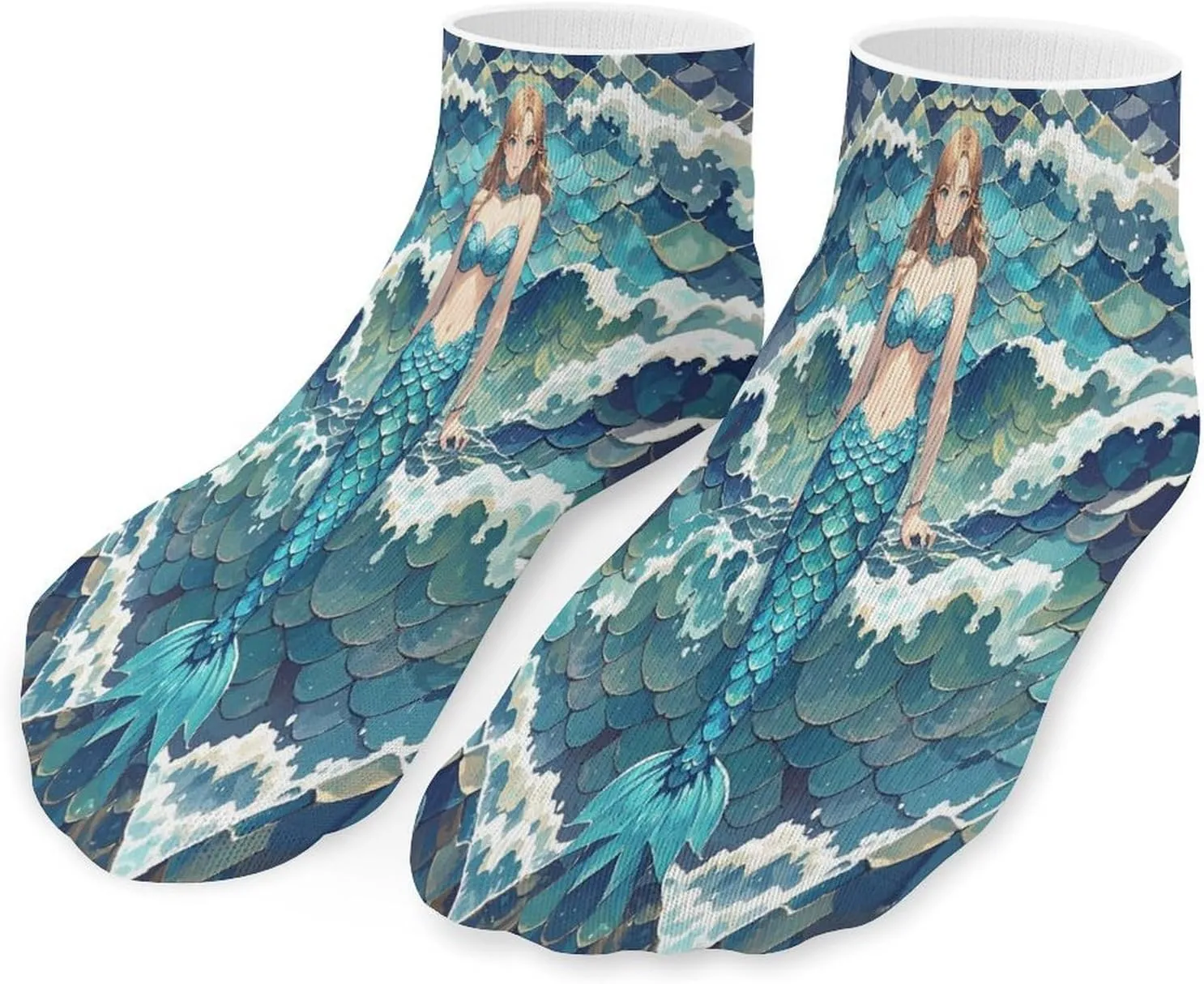 Blue Waves Squama Mermaid Scale Socks Low Cut Ankle Short Sock Novelty Casual Invisible Liner Socks for Men Women