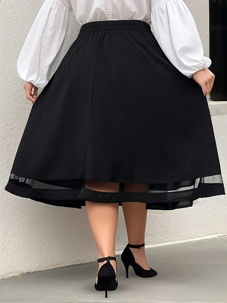 Casual Midnight Women Plus Size A Line Gauzy Skirt Pleated Hem Guipure Lace Black