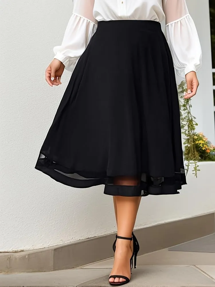 Casual Midnight Women Plus Size A Line Gauzy Skirt Pleated Hem Guipure Lace Black