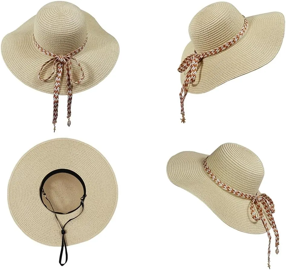 Floppy Straw Hats for Women Foldable Boho Wide Brim Sun Hats UV Protection Summer Beach Fishing Cap for Travel