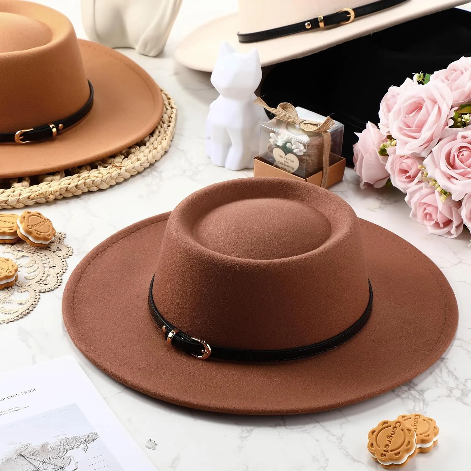 JaGely Felt Hats for Women Wide Brim Felt with Belt Buckle Vintage Panama Boho Jazz Hat for Burning Wedding Tea Party