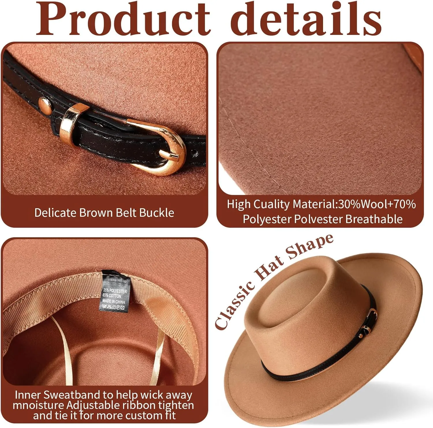 JaGely Felt Hats for Women Wide Brim Felt with Belt Buckle Vintage Panama Boho Jazz Hat for Burning Wedding Tea Party