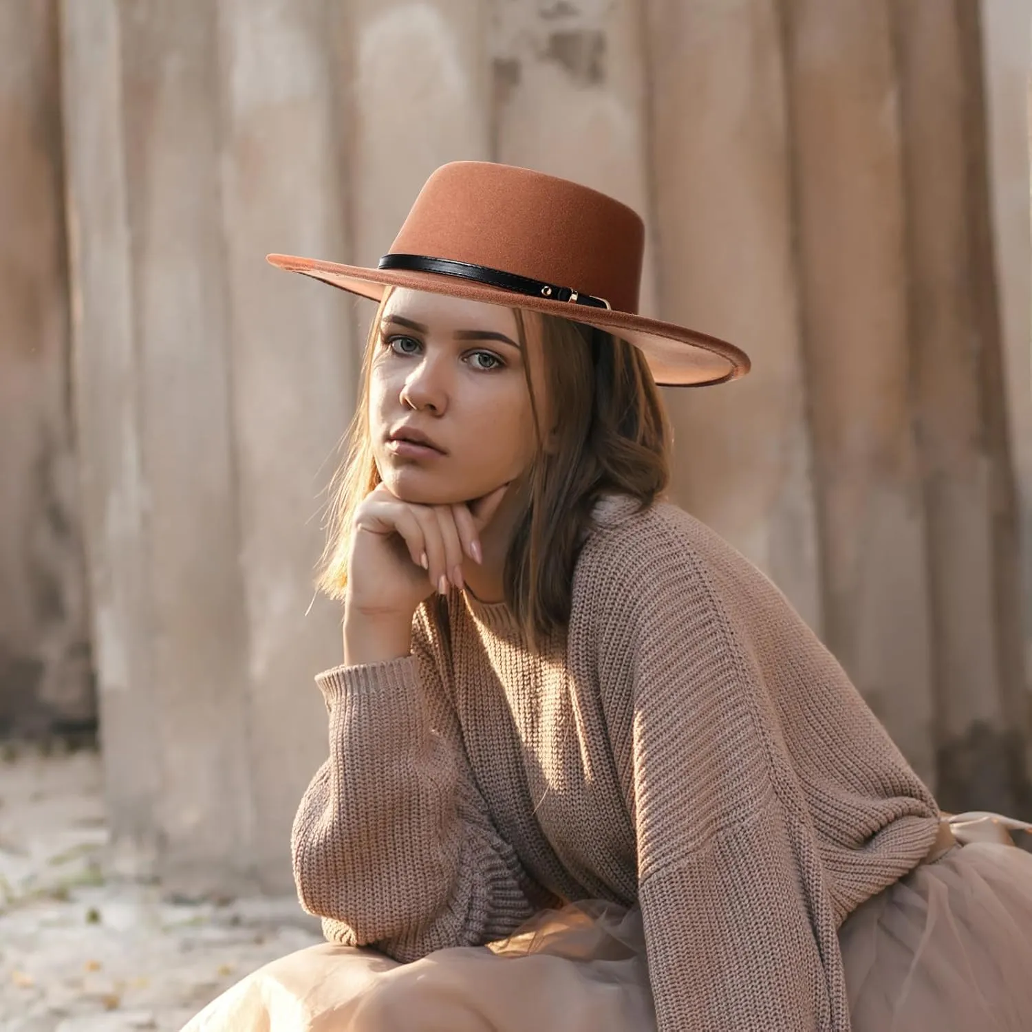 JaGely Felt Hats for Women Wide Brim Felt with Belt Buckle Vintage Panama Boho Jazz Hat for Burning Wedding Tea Party