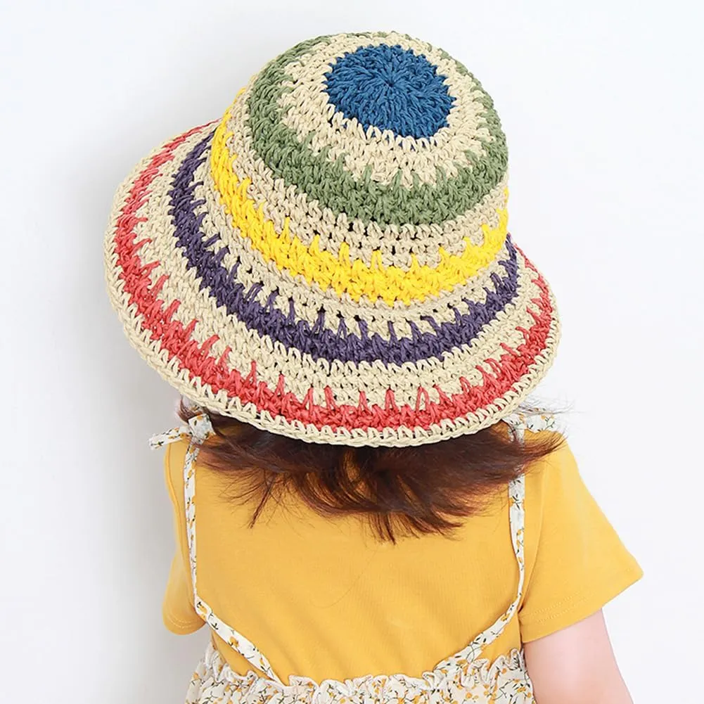 KORADI Girls Sun Hats Rainbow Straw Hat Kids Wide Brim Summer Beach Hats Hollow Out Bucket Hat 3-8 Years