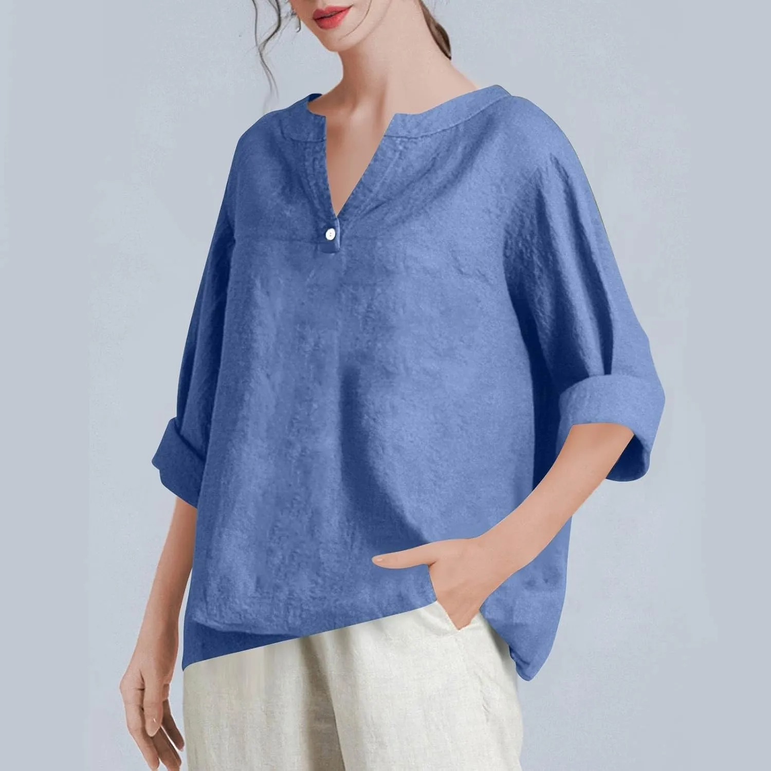 Linen Shirts for Women Summer 3/4 Sleeve Button V Neck Solid Color Cotton Linen Gauze Shirt Casual Office Tshirts