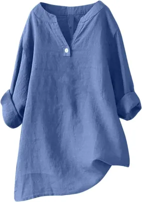 Linen Shirts for Women Summer 3/4 Sleeve Button V Neck Solid Color Cotton Linen Gauze Shirt Casual Office Tshirts