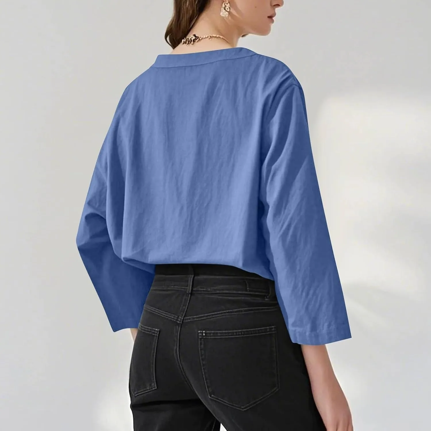 Linen Shirts for Women Summer 3/4 Sleeve Button V Neck Solid Color Cotton Linen Gauze Shirt Casual Office Tshirts