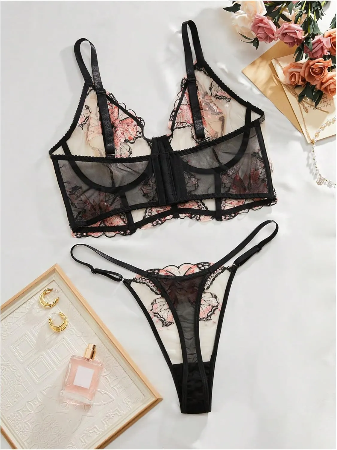 MakeMeChic Women's Plus Size Lingerie Set Butterfly Embroidery Mesh Sheer Bra and Panty set