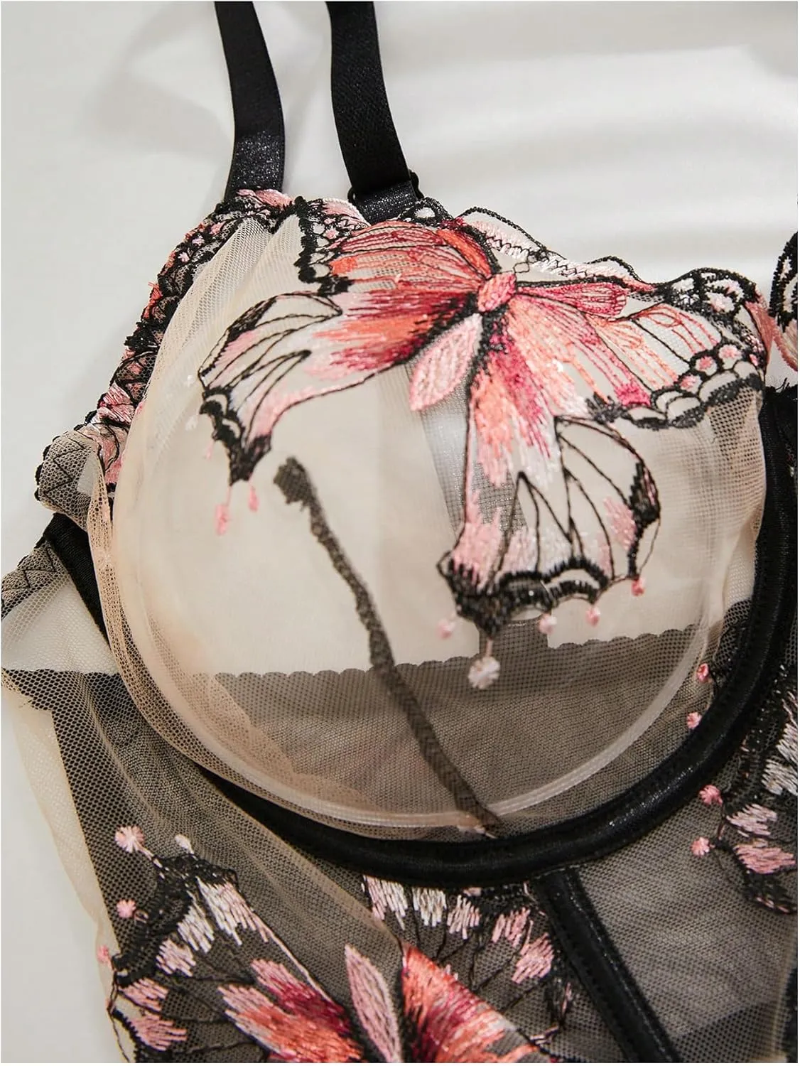 MakeMeChic Women's Plus Size Lingerie Set Butterfly Embroidery Mesh Sheer Bra and Panty set