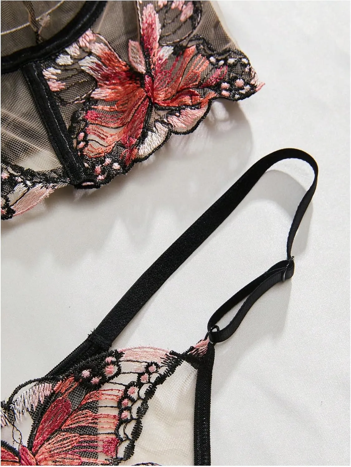 MakeMeChic Women's Plus Size Lingerie Set Butterfly Embroidery Mesh Sheer Bra and Panty set