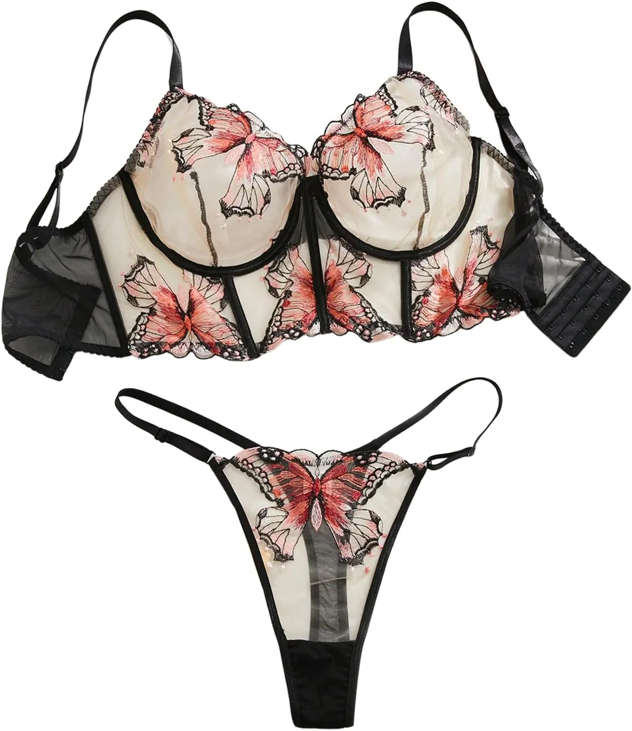 MakeMeChic Women's Plus Size Lingerie Set Butterfly Embroidery Mesh Sheer Bra and Panty set
