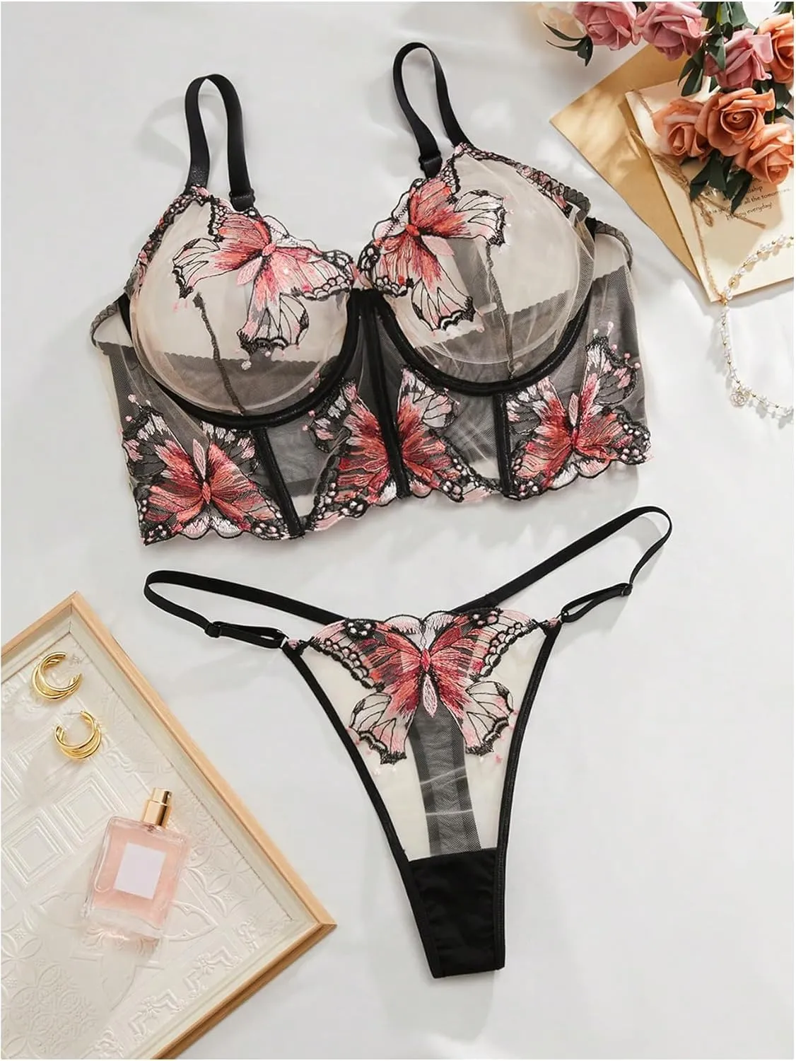 MakeMeChic Women's Plus Size Lingerie Set Butterfly Embroidery Mesh Sheer Bra and Panty set