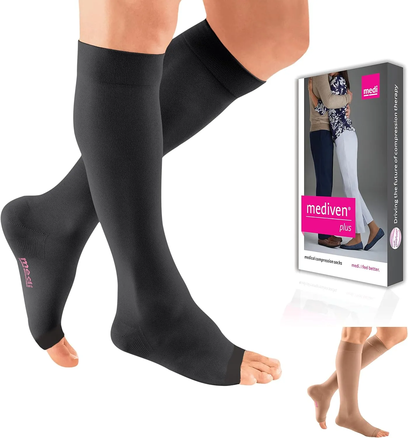 mediven Plus for Men & Women, 20-30 mmHg – Open Toe, Knee High Compression Socks with Silicone Top Band, Leg Circulation, Opaque Leg Support Compression Coverage, VII-Petite, Black