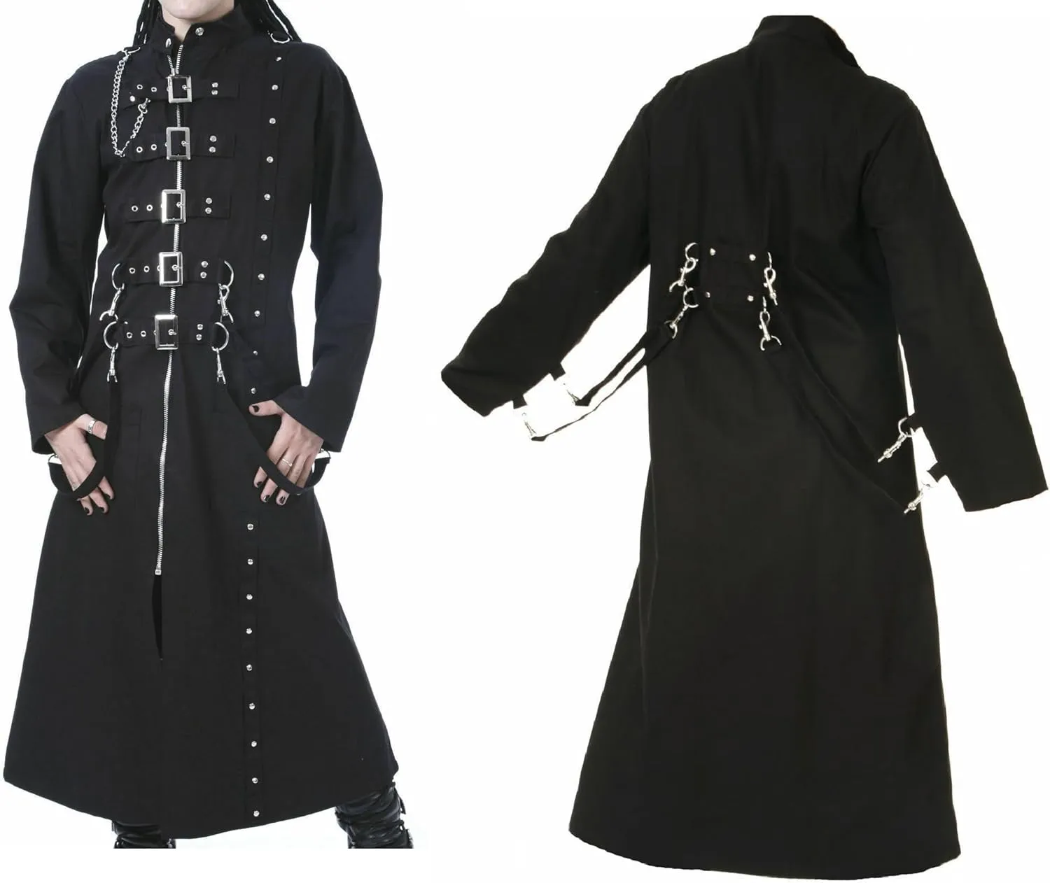 Men’s Gothic Long Coat – Steampunk Trench Coat with Buckles Hook Chains, Stoods & Straps Detailing -Cyberpunk Jacket