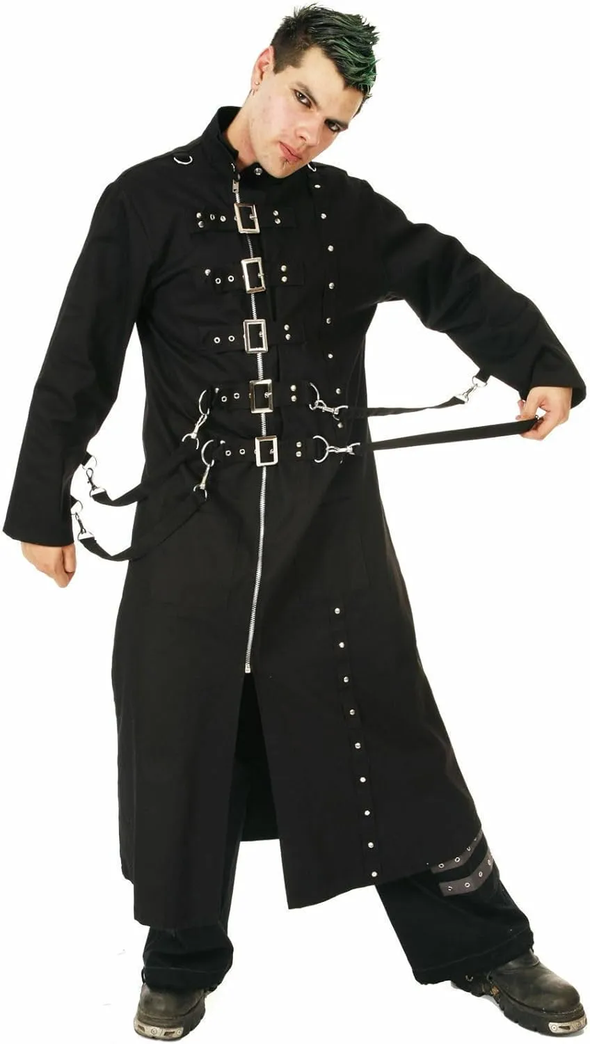 Men’s Gothic Long Coat – Steampunk Trench Coat with Buckles Hook Chains, Stoods & Straps Detailing -Cyberpunk Jacket