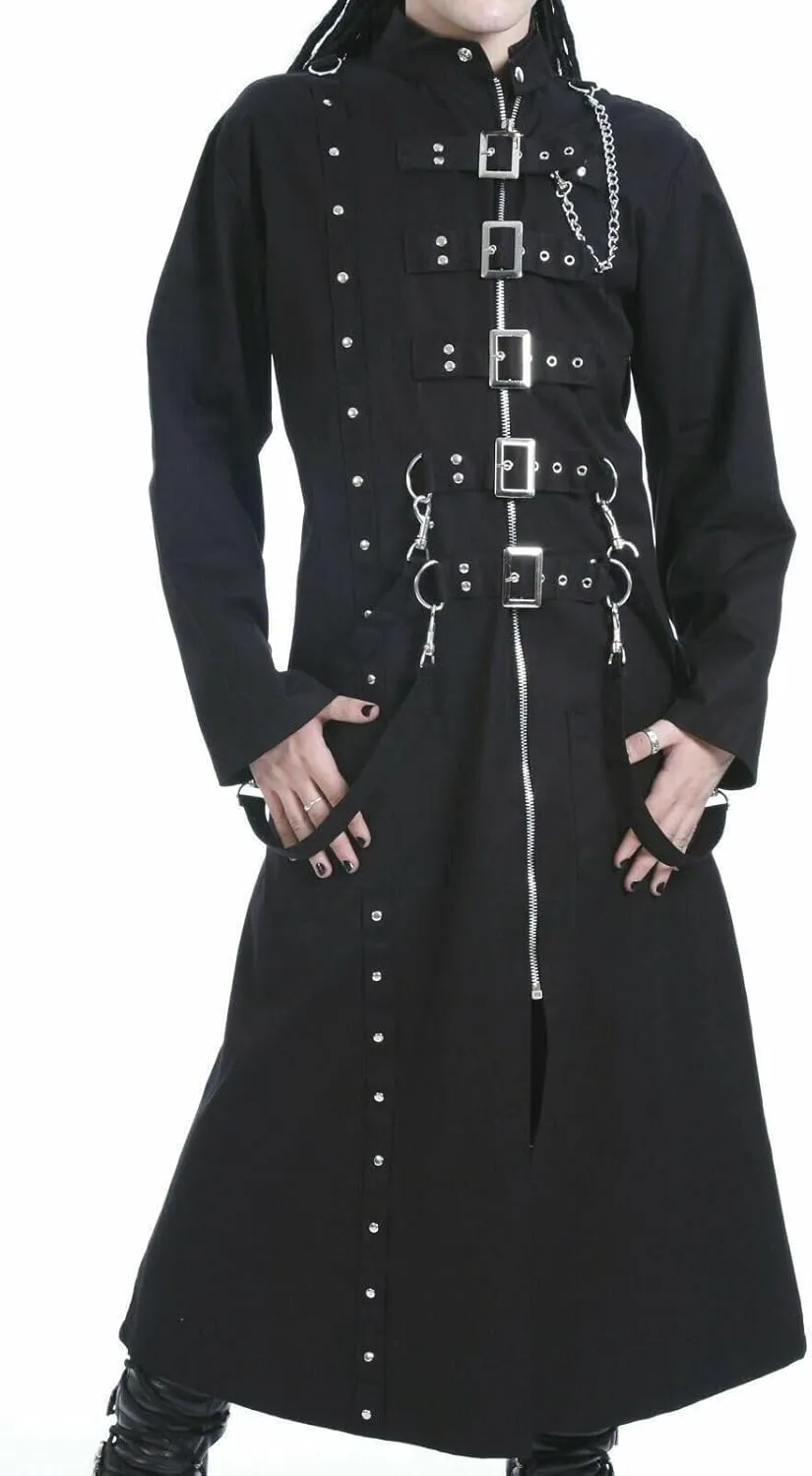 Men’s Gothic Long Coat – Steampunk Trench Coat with Buckles Hook Chains, Stoods & Straps Detailing -Cyberpunk Jacket