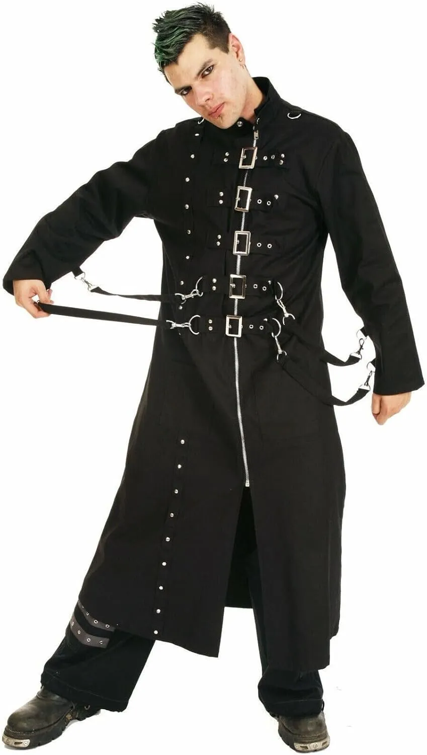 Men’s Gothic Long Coat – Steampunk Trench Coat with Buckles Hook Chains, Stoods & Straps Detailing -Cyberpunk Jacket
