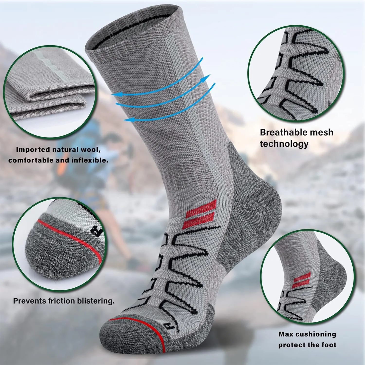 Merino Wool Hiking Socks for Cold Weather Socks Thermal Warm Crew Winter Boot Cushion Socks