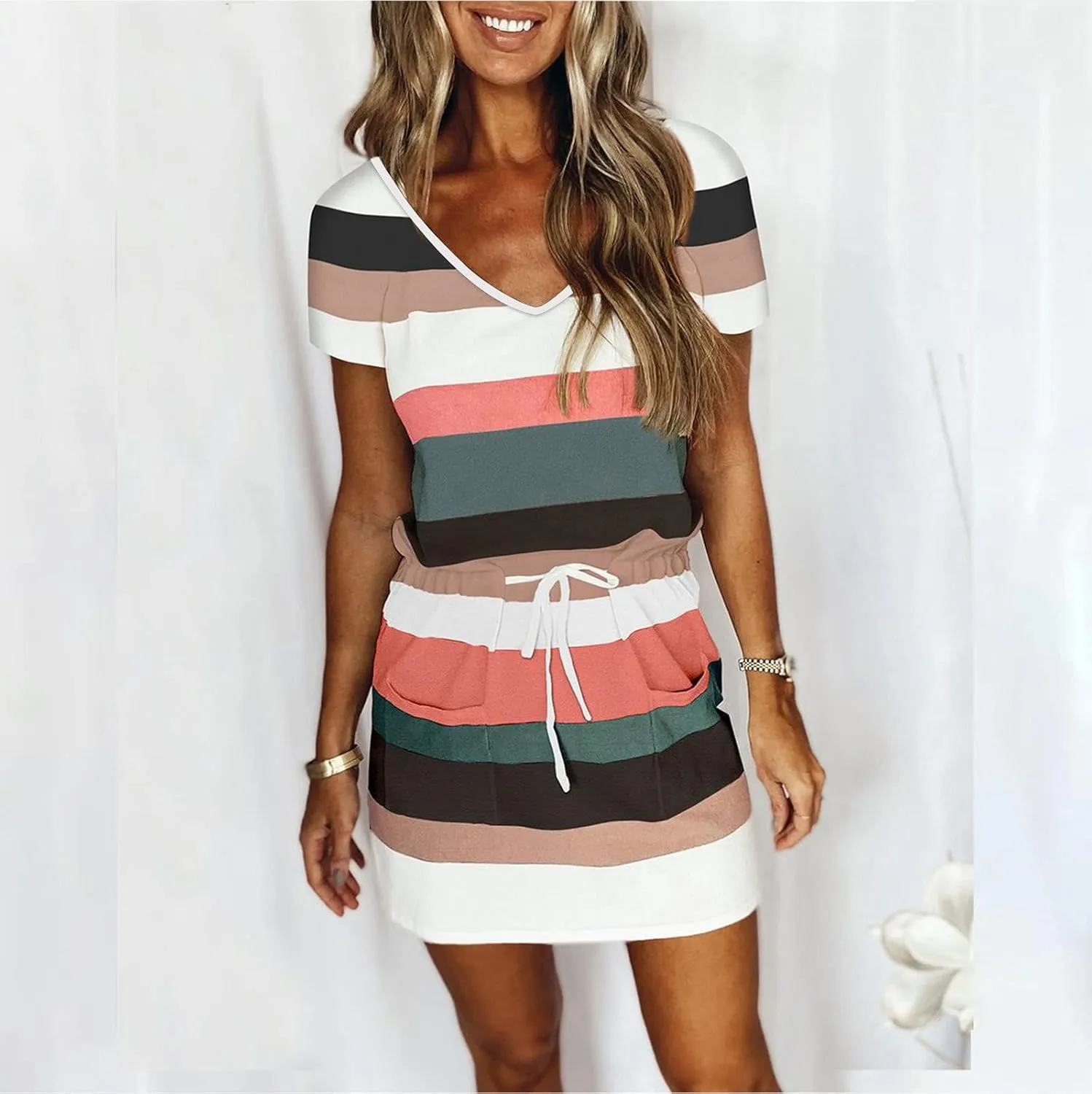 NaRHbrg Womens Summer Casual Midi Dresses Striped Short Sleeve Tshirt Dresses V Neck Drawstring Knee Length Dress with Pocket