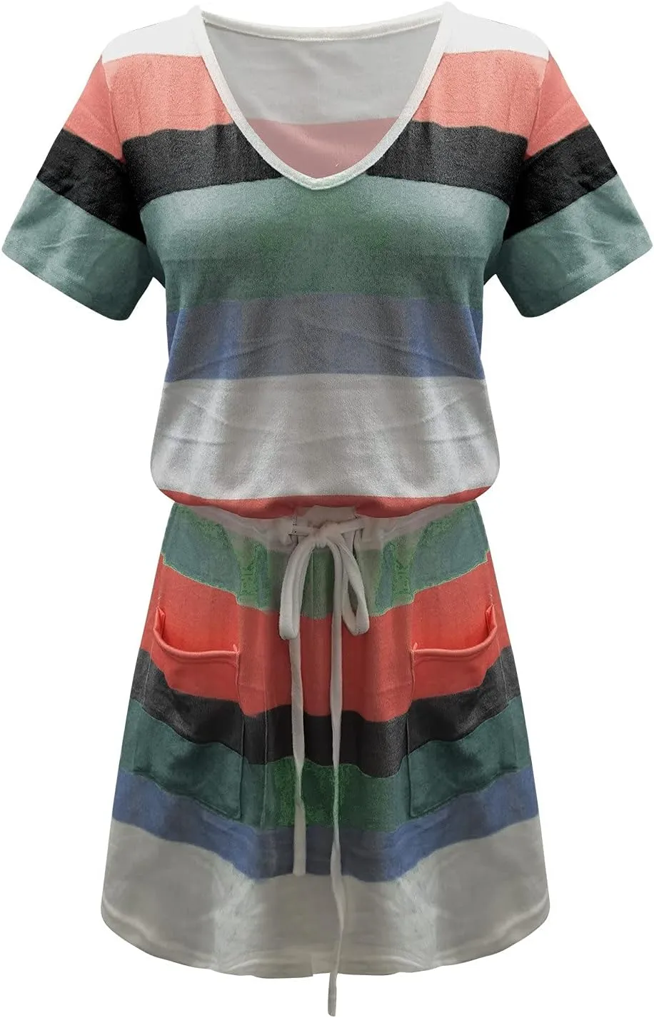 NaRHbrg Womens Summer Casual Midi Dresses Striped Short Sleeve Tshirt Dresses V Neck Drawstring Knee Length Dress with Pocket