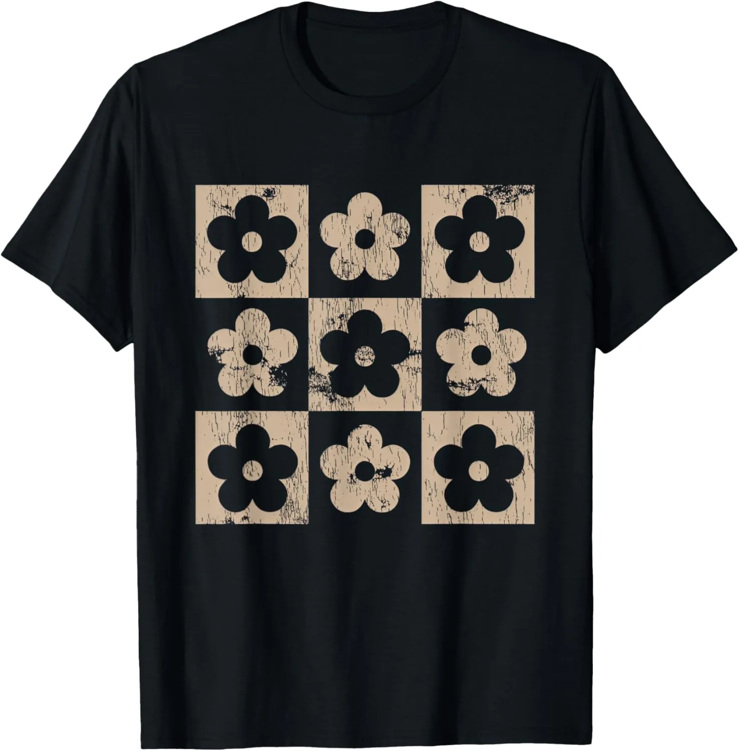 Neutral Checkerboard Daisy Flowers Retro Boho Floral Women T-Shirt