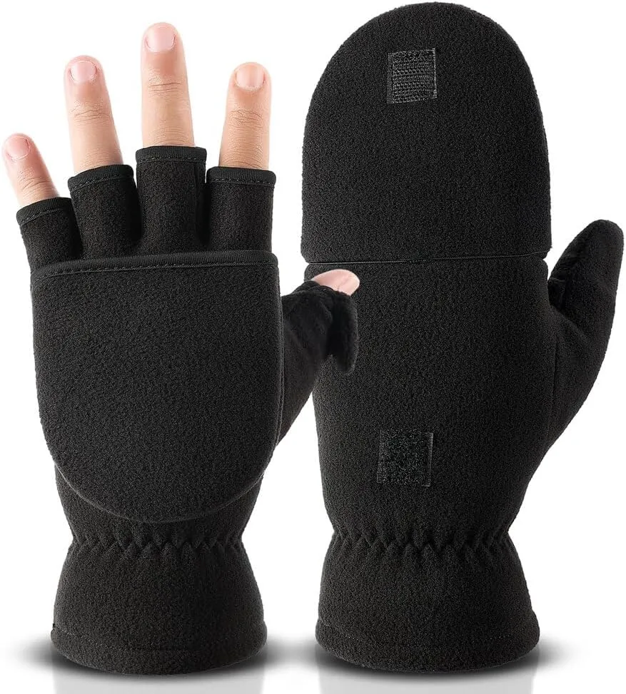 OZERO Winter Gloves Fingerless Convertible Mittens Thermal Polar Fleece Insulated Lining Windproof Warm for Men Women