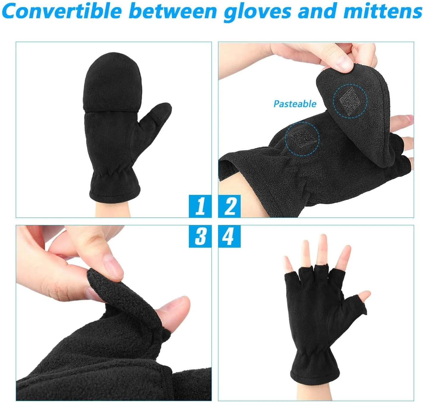 OZERO Winter Gloves Fingerless Convertible Mittens Thermal Polar Fleece Insulated Lining Windproof Warm for Men Women