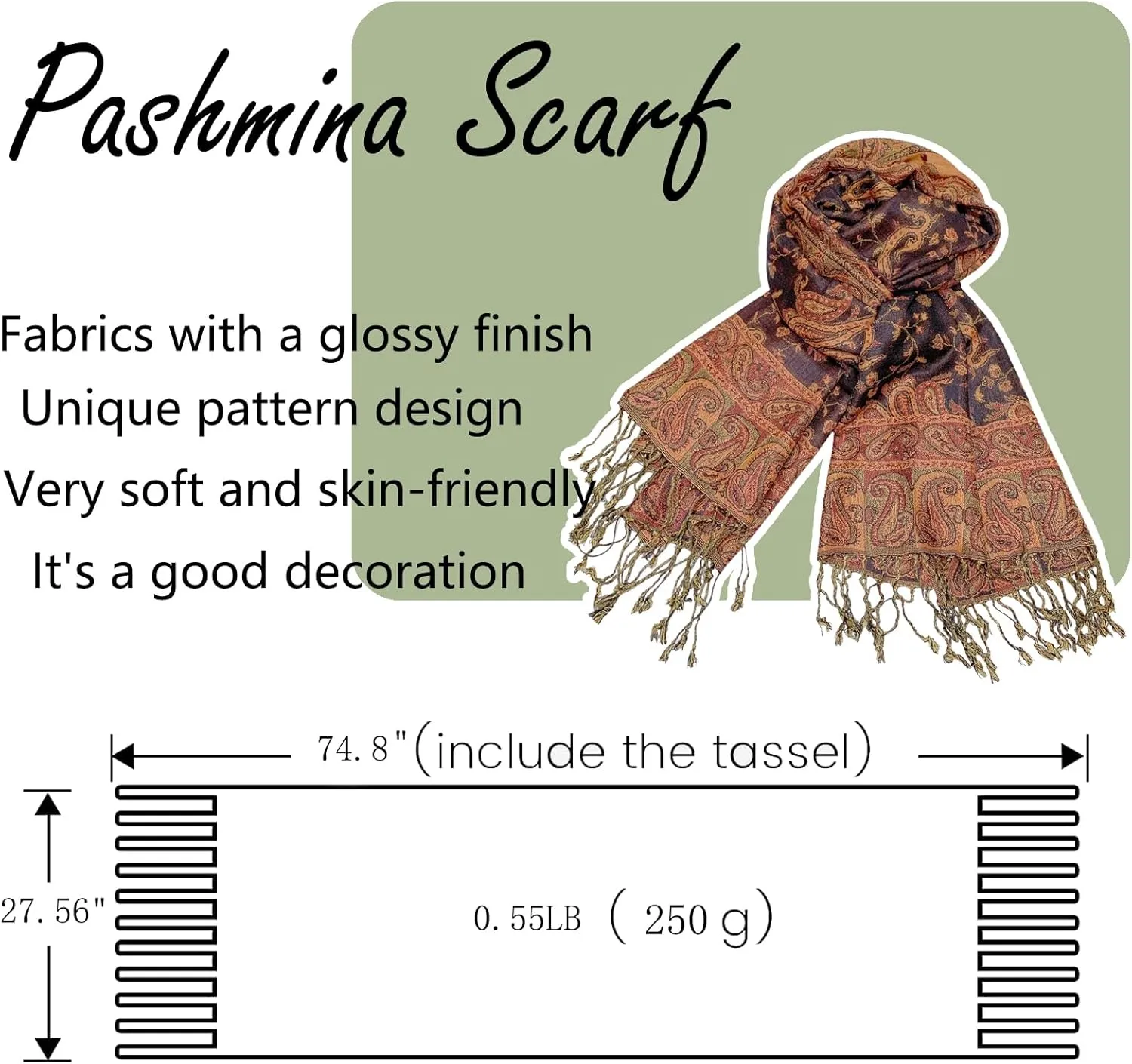 Pashmina Scarf for Women Shawls and Wraps Reversible Paisley Vintage Jacquard Soft Silky Rave Scarves Men