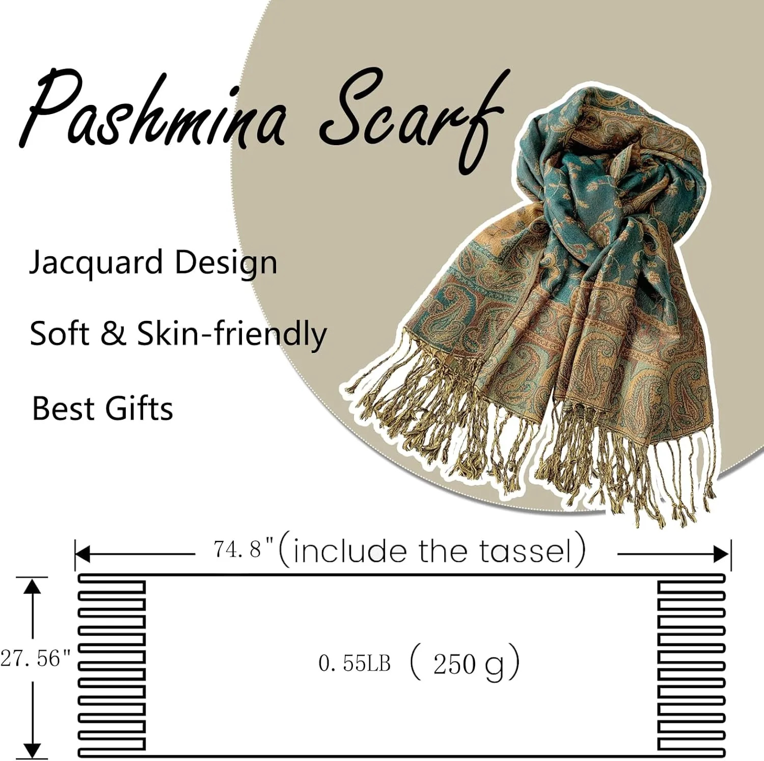 Pashmina Scarf for Women Shawls and Wraps Reversible Paisley Vintage Jacquard Soft Silky Rave Scarves Men