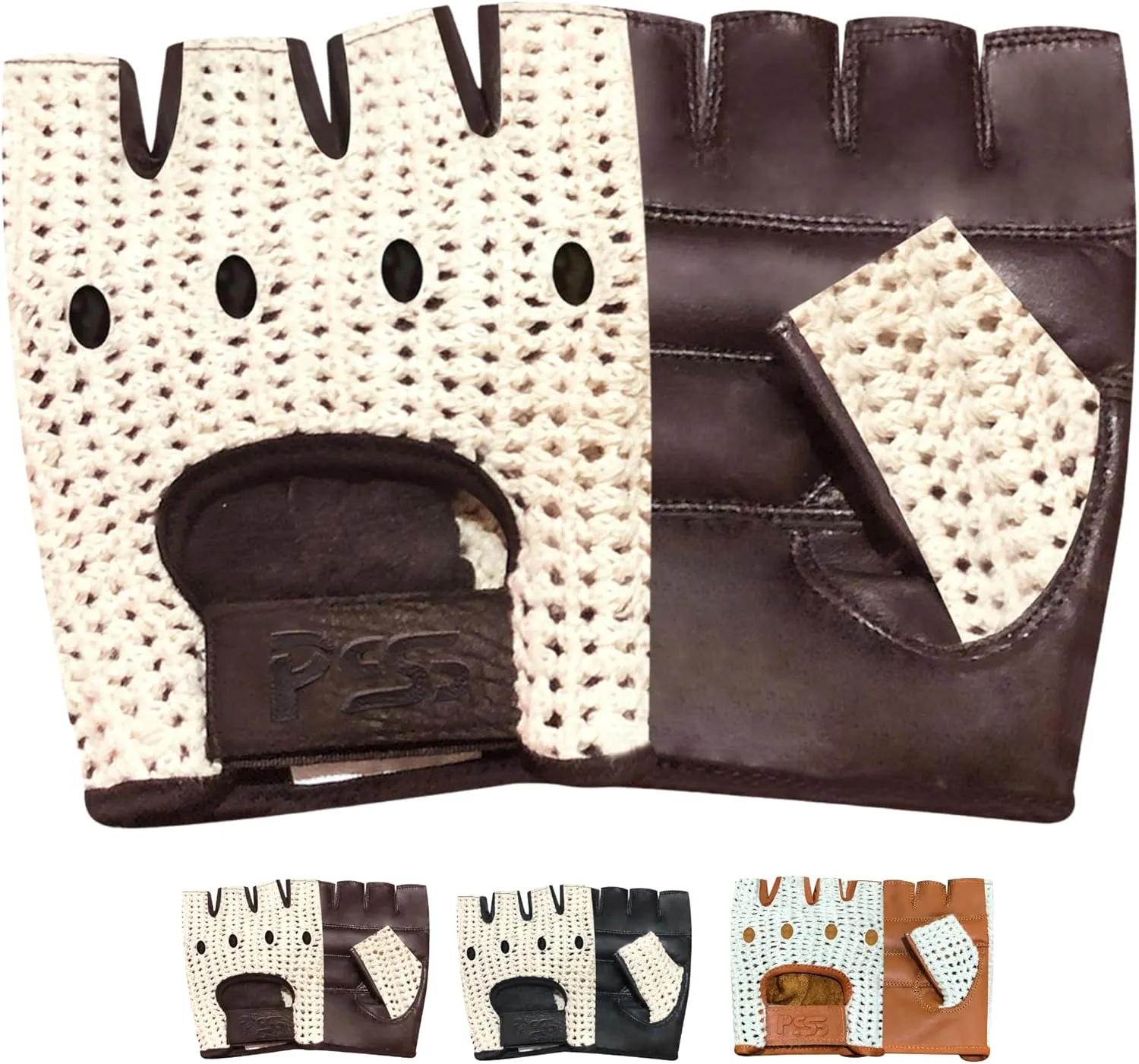 PSS Real Cow Hide Leather Finger Less Off White Mesh Net Bus, Driving, Cycling, Training, Wheelchair and Gardening Gloves Model 416 Available Size S, M, L, XL (416 Brown, M)