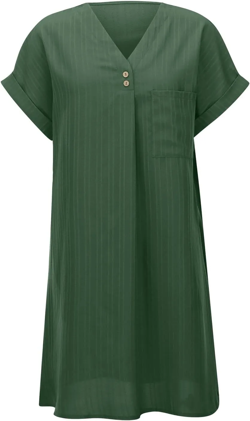 PTOLOCIF Mini Dresses for Women Casual V Neck Tunic Dresses Summer Short Sleeve Striped T Shirt Dress Knee Length Sundresses
