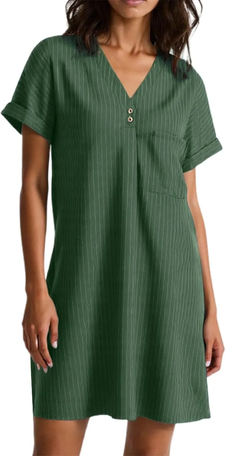 PTOLOCIF Mini Dresses for Women Casual V Neck Tunic Dresses Summer Short Sleeve Striped T Shirt Dress Knee Length Sundresses