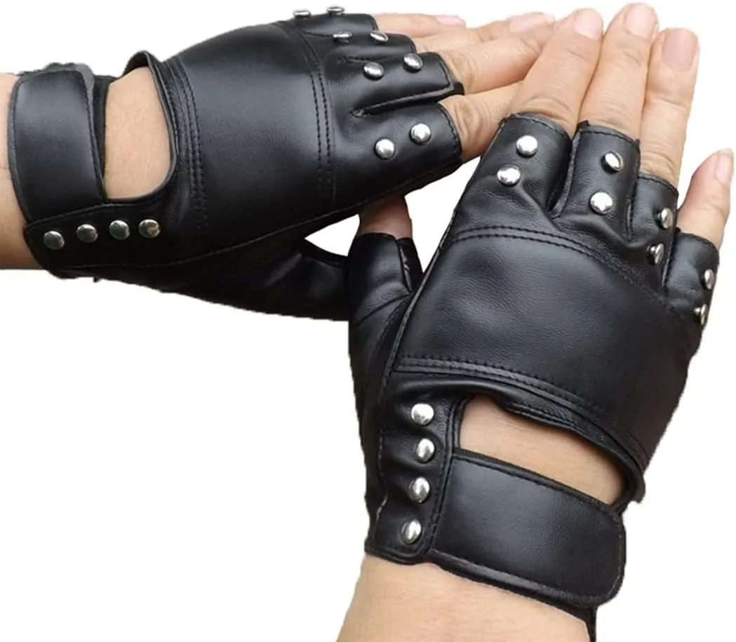 Punk Rivets PU Leather Gloves - Women's Dance Hip-Hop Fingerless Half Finger