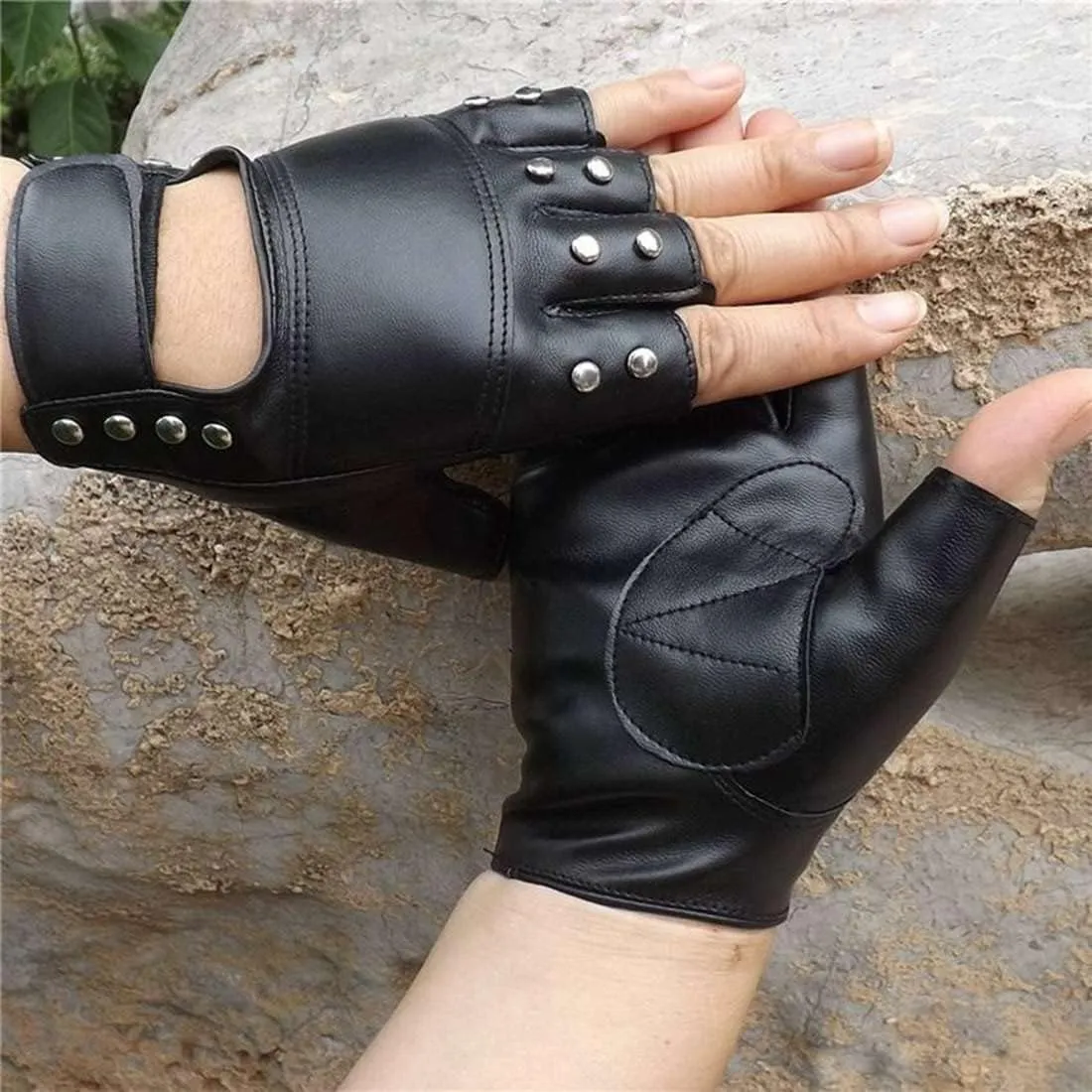 Punk Rivets PU Leather Gloves - Women's Dance Hip-Hop Fingerless Half Finger