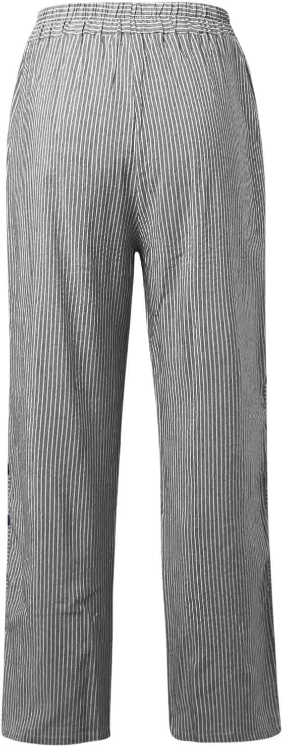 Summer Pants for Women Striped Printed Side Button Pants Baggy Elastic Waist Straight Leg Trousers with Pocket