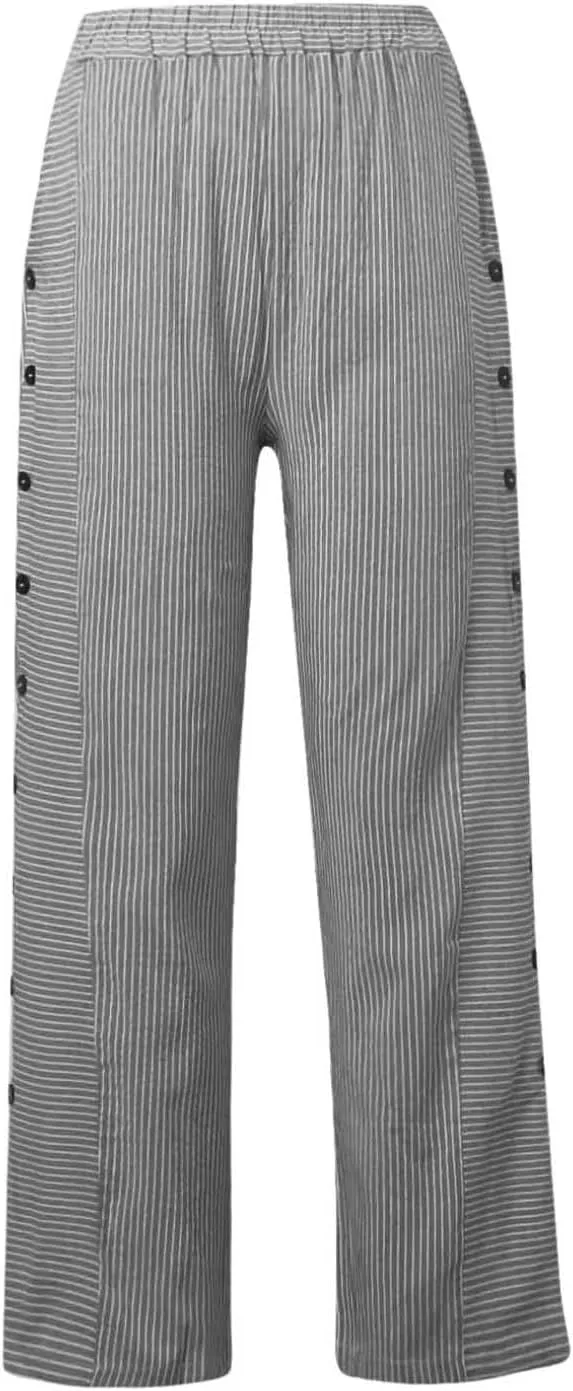 Summer Pants for Women Striped Printed Side Button Pants Baggy Elastic Waist Straight Leg Trousers with Pocket
