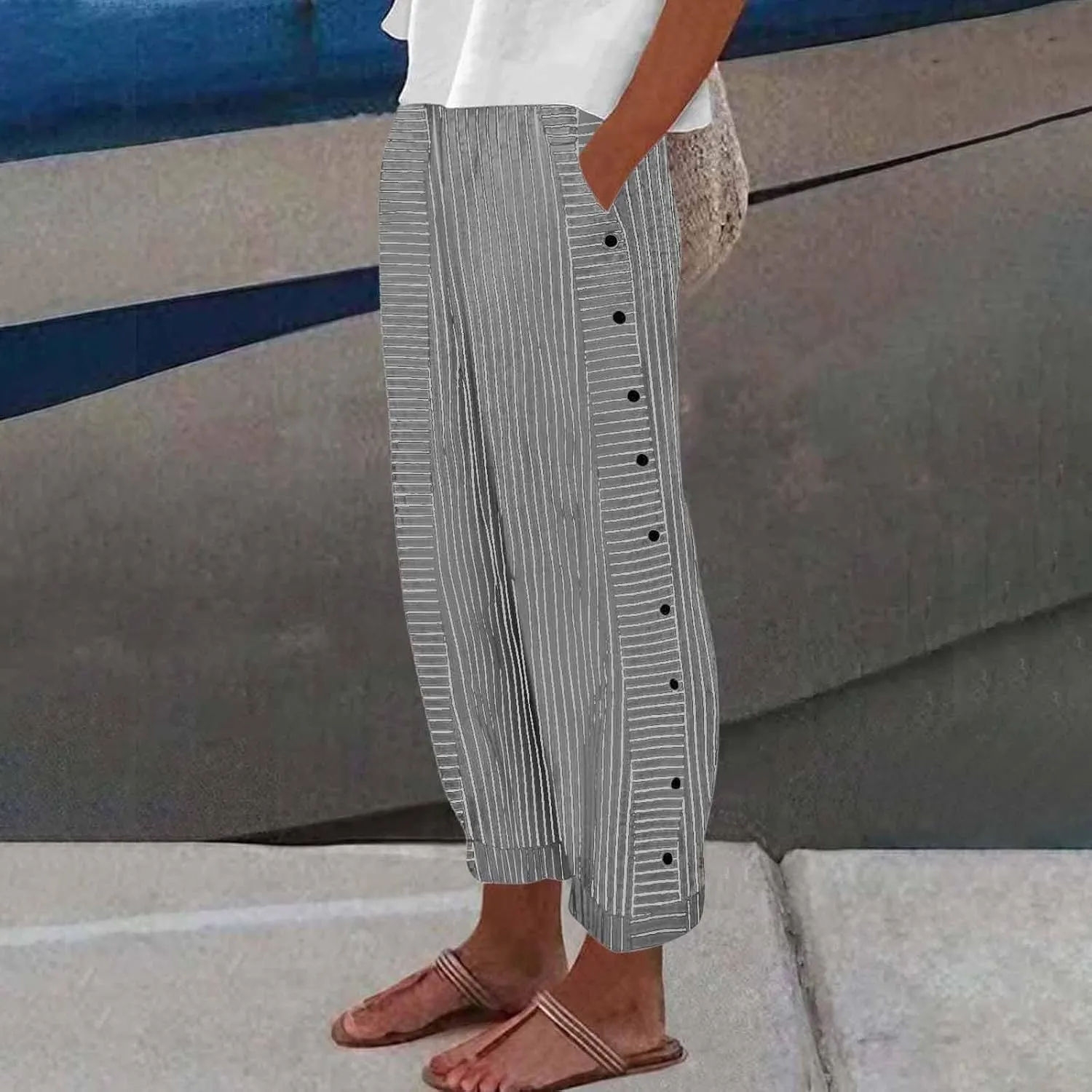 Summer Pants for Women Striped Printed Side Button Pants Baggy Elastic Waist Straight Leg Trousers with Pocket